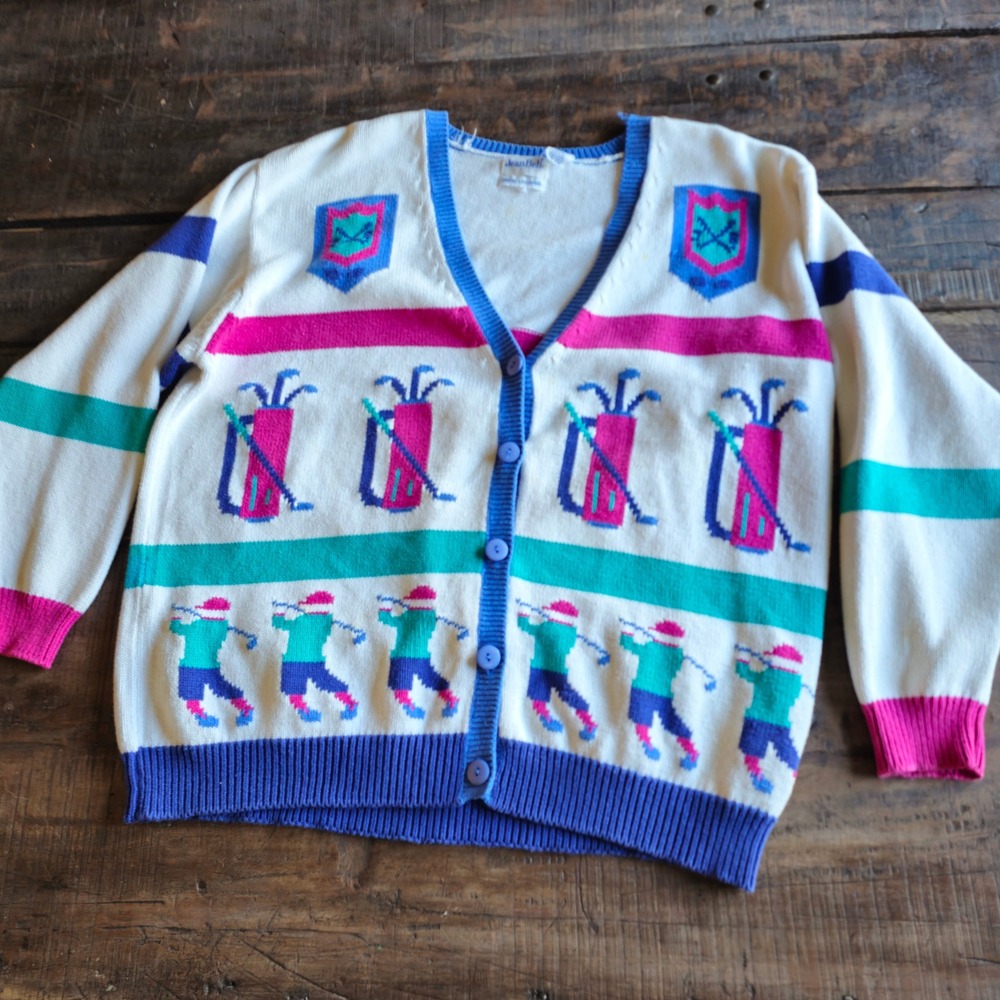 Vintage Jean Bell Golf Cardigan Sweater Womens Large White Cotton Novelty Knit